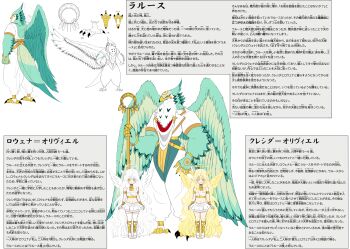 1boy 2girls absurdres angel angel_wings bird_boy blonde_hair blue_eyes body_fur child claws commentary_request feathered_wings furry furry_male green_fur green_wings halo highres holding holding_staff long_hair multiple_girls multiple_views original shakujou simple_background staff tail tiger_subaru translation_request very_long_hair white_background white_hair wings