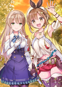 2girls :d armpits asymmetrical_bangs atelier_(series) atelier_ryza atelier_ryza_1 belt beret blue_skirt boots bow bracelet braid breasts brown_belt brown_eyes brown_gloves brown_hair camisole cleavage commentary_request cowboy_shot detached_sleeves elbow_gloves gloves green_eyes hair_ornament hair_ribbon hairband hairclip half_up_braid hand_on_own_chest hat hat_bow high-waist_skirt highres holding_hands jacket jewelry klaudia_valentz large_breasts light_brown_hair long_hair looking_at_viewer low-braided_long_hair low-tied_long_hair midriff multiple_girls navel necklace open_clothes open_jacket open_mouth pantyhose partially_fingerless_gloves potion red_ribbon red_shorts reisalin_stout ribbon short_hair short_shorts shorts single_glove skirt sleeveless sleeveless_jacket smile standing star_(symbol) star_necklace teeth thigh_boots thighhighs thighs tinkle2013 upper_teeth_only waving white_camisole white_gloves white_hat white_thighhighs yellow_jacket