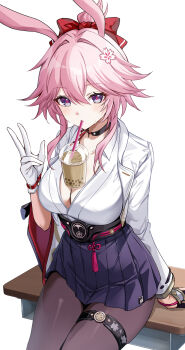1girl animal_ears asymmetrical_gloves black_choker black_gloves black_pantyhose black_skirt bow breasts bubble_tea bubble_tea_challenge choker cleavage commentary_request cup disposable_cup drinking drinking_straw evanescia_(honkai:_star_rail) flower fox_ears fox_girl gloves hair_between_eyes hair_bow hair_flower hair_ornament hand_up harimoji highres honkai:_star_rail honkai_(series) jacket large_breasts long_sleeves open_clothes open_jacket open_shirt pantyhose partially_fingerless_gloves red_bow shirt short_hair_with_long_locks sitting skirt sweat thigh_strap white_background white_gloves white_jacket white_shirt