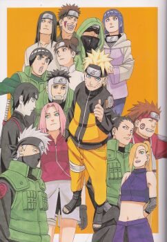 5girls 6+boys ^_^ absurdres aburame_shino akimichi_chouji black_hair blonde_hair blue_eyes brown_hair closed_eyes crop_top everyone facial_mark flak_jacket forehead_protector full_body green_eyes grey_hair grin hair_over_one_eye haruno_sakura hatake_kakashi highres hyuuga_hinata hyuuga_neji inuzuka_kiba jacket kishimoto_masashi konohagakure_symbol looking_at_viewer midriff multiple_boys multiple_girls nara_shikamaru naruto_(series) naruto_shippuuden navel official_art open_mouth orange_background painttool_sai_(medium) pink_hair rock_lee scan short_hair simple_background smile spiked_hair teeth tenten_(naruto) thumbs_up uzumaki_naruto uzumaki_symbol whisker_markings yamanaka_ino yamato_(naruto)