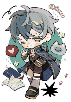 Rule 34 | 1boy, ;3, ahoge, belt, black belt, black coat, black hair, black shirt, black shoes, black shorts, blush stickers, book, bookmark, brown eyes, cat, chibi, chinese clothes, chinese commentary, circle, closed mouth, coat, coat on shoulders, collared coat, collared shirt, commentary request, dot nose, earrings, eyelashes, floral print, geman mori, grey socks, halftone, hand on own hip, happy, heart, high collar, highres, infinity nikki, jade (gemstone), jewelry, kneehighs, leg belt, loafers, long sleeves, loose hair strand, male focus, multicolored hair, nikki (series), one eye closed, pawpads, print coat, shirt, shoes, short hair, shorts, signature, single earring, sleeve cuffs, sleeves past wrists, smile, socks, solo, sparkle, speech bubble, split-color hair, spoken heart, tan youyou (infinity nikki), tassel, tassel earrings, two-tone hair, two-tone shirt, v, white background, white shirt