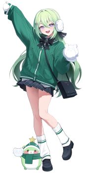 1girl absurdres aran_sweater arm_up bag black_bow black_bowtie black_shoes black_skirt blush_stickers bow bowtie brooch cable_knit chico_(yuzuha_riko) commentary creature double-parted_bangs earmuffs full_body green_eyes green_hair green_scarf green_sweater grey_skirt hair_between_eyes hair_ornament hairclip hand_up highres holding holding_snowball jewelry leg_up leg_warmers loafers long_bangs long_hair long_sleeves looking_at_viewer miniskirt mittens open_mouth parallel_hairclips pleated_skirt purple_eyes scarf shoes shoulder_bag skirt smile snowball socks solo standing star_(symbol) stellive sweater thighs very_long_hair virtual_youtuber white_leg_warmers white_mittens white_socks yireh yuzuha_riko