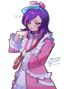 Rule 34 | 1girl, 361 (kyuu yagami), bag, blush, bright pupils, commentary request, cowboy shot, dot (pokemon), dress, frilled dress, frills, hair ribbon, half-closed eyes, highres, long sleeves, looking at viewer, medium hair, nervous, nintendo, parted lips, pink dress, pokemon, pokemon (anime), pokemon horizons, purple eyes, purple hair, ribbon, shoulder bag, solo, sweat, twitter username, white background, white pupils