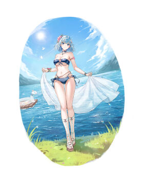 Rule 34 | 1girl, absurdres, bare shoulders, bead necklace, beads, bikini, blue bikini, blue choker, blue eyes, blue hair, breasts, choker, closed mouth, closers, day, flower, full body, hair flower, hair ornament, highres, holding, jewelry, large breasts, long legs, looking at viewer, navel, necklace, o-ring, o-ring bikini, ocean, official art, outdoors, sandals, sarong, short hair, side-tie bikini bottom, smile, solo, standing, stomach, strapless, strapless bikini, swimsuit, thighs, underboob, violet (closers)
