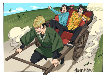 1girl 2boys akakokko_(niro_azarashi) akane-banashi asagao_konjakutei black_footwear black_hair black_pants blonde_hair clenched_hand day dust green_kimono hood hood_down hoodie japanese_clothes kimono long_sleeves multicolored_hair multiple_boys nerimaya_karashi osaki_akane_(akane-banashi) outdoors pants pink_hair pompadour rickshaw running shirt shoes sneakers streaked_hair yellow_shirt