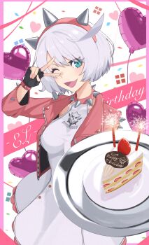 1girl absurdres ahoge bob_cut bracelet breasts cake cake_slice collar commentary_request elphelt_valentine food guilty_gear guilty_gear_strive hairband happy_birthday highres hitempo holding holding_plate huge_ahoge jacket jewelry large_breasts one_eye_closed open_mouth pink_collar pink_hairband pink_jacket plate short_hair smile solo spiked_bracelet spiked_collar spiked_hairband spiked_jacket spikes v white_hair
