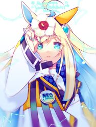 Rule 34 | 1girl, ahoge, animal ears, badge, blonde hair, blue eyes, blue hair, button badge, colored inner hair, diamond hair ornament, ear covers, ear ornament, flower, hair between eyes, hair ornament, horse ears, horse girl, jacket, long hair, long sleeves, looking at viewer, multicolored hair, neo universe (umamusume), open mouth, single ear cover, sleeves past wrists, solo, two-tone hair, umamusume, ume (pickled plum), white flower