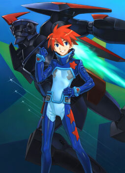 Rule 34 | 1boy, blue eyes, commentary request, gimmy adai, grin, hand on own hip, jetpack, kado tsukasa, looking at viewer, mecha, mecha pilot suit, official art, red hair, robot, shooting star, smile, solo, spiked hair, star (symbol), star print, star symbol background, tengen toppa gurren lagann, tengen toppa gurren lagann: drill galaxy wars, thumbs up