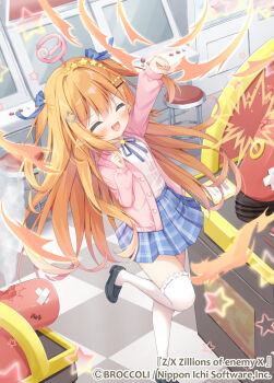 1girl arcade arm_up black_shoes blue_ribbon blue_skirt closed_eyes commentary_request copyright_notice from_above hair_ornament hair_ribbon hairclip indoors jacket long_hair neck_ribbon official_art open_clothes open_jacket open_mouth orange_hair pink_jacket pointy_ears ribbon shirt shoes skirt smile solo standing standing_on_one_leg star_(symbol) star_hair_ornament strength_tester_machine thighhighs two_side_up white_shirt white_thighhighs x-micamo yuduki_pdx z/x