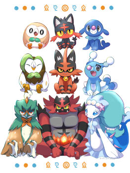 artist_name brionne closed_eyes dartrix decidueye evolutionary_line gen_2_pokemon gen_7_pokemon highres incineroar litten looking_at_viewer nintendo no_humans open_mouth pokemon pokemon_(creature) popplio primarina rowlet simple_background sitting starter_pokemon_trio torracat unown unownglyphics user_wuxd3433 watermark