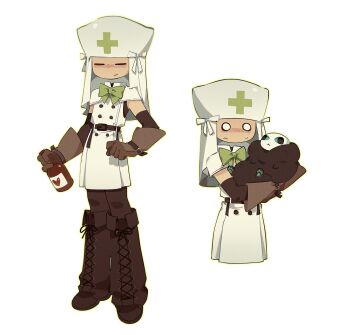 Rule 34 | 1girl, air zizon, belt, boots, bow, bowtie, brown belt, brown boots, brown gloves, brown pantyhose, capelet, caretaker (die of death), commentary request, die of death, dress, gloves, green bow, green bowtie, highres, holding potion, korean commentary, multiple views, pantyhose, pursuer (die of death), ribbon, roblox, simple background, veil, white background, white capelet, white dress, white ribbon, white veil