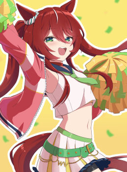 1girl absurdres animal_ears arm_up belt blue_sailor_collar blush cheerleader crop_top ear_ornament ear_scrunchie genkai_made_pom_pon!! green_belt green_eyes green_necktie hair_between_eyes highres holding holding_pom_poms horse_ears horse_girl horse_tail jacket long_hair looking_at_viewer midriff mugi_mg317 navel necktie official_alternate_costume official_alternate_hairstyle open_clothes open_jacket open_mouth pink_jacket pom_pom_(cheerleading) pom_poms red_tail sailor_collar shirt sidelocks skirt smile solo tail teeth twintails umamusume upper_teeth_only white_shirt white_skirt white_streaks win_variation_(umamusume)