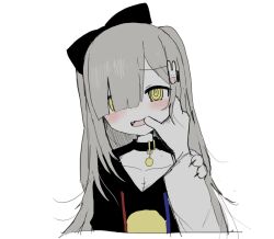 Rule 34 | 1girl, @ @, blunt bangs, blush, collar, fang, finger in another&#039;s mouth, grey hair, hair ornament, hair over one eye, long hair, original, oyasu miyo (vreparty), pale skin, rabbit hair ornament, simple background, stitches, vreparty, white background, yellow eyes