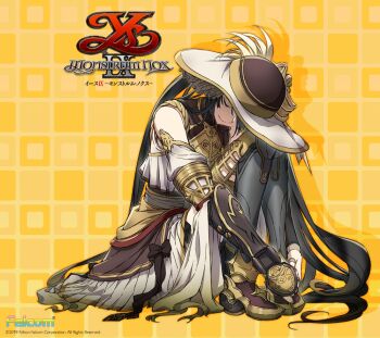 Rule 34 | 1girl, black hair, closed eyes, copyright logo, copyright name, detached sleeves, doll (ys), doll joints, dress, full body, head on knee, high heels, hugging own legs, joints, knees up, logo, long hair, nakbe, official art, orange background, picture hat, simple background, sitting, sleeveless, sleeveless dress, smile, solo, third-party source, vambraces, very long hair, wheel, ys, ys ix: monstrum nox