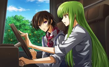 1boy 1girl artist_request black_hair breasts c.c. code_geass code_geass:_lost_stories driving food fruit game_cg green_hair highres lelouch_vi_britannia long_hair medium_breasts non-web_source official_art open_mouth orange_(fruit) purple_eyes shirt short_hair white_shirt yellow_eyes
