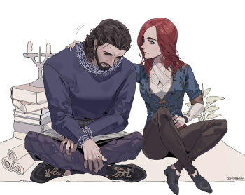 Rule 34 | 1boy, 1girl, aqua eyes, arm around shoulder, baldur's gate, baldur's gate 3, beard, black shoes, blue shirt, book, brown hair, brown pants, byuub, dungeons & dragons, dungeons &amp; dragons, facial hair, gale (baldur's gate), indian style, long hair, pants, purple pants, purple shirt, red hair, scroll, shirt, shoes, sitting, sleeping, tav (baldur's gate)