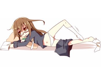 1girl black_serafuku black_shirt black_skirt book brown_eyes brown_hair drinking drinking_straw full_body kantai_collection loli long_hair lying mochizuki_(kancolle) nanateru navel on_side open_book panties partially_undressed pillow reading rectangular_eyewear red-framed_eyewear school_uniform semi-rimless_eyewear serafuku shirt simple_background skirt socks solo under-rim_eyewear underwear undressing white_background white_panties white_socks