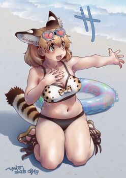 1girl animal_ears animal_print beach bikini black_hair blonde_hair blush bow bowtie breasts cleavage extra_ears fang glasses heart heart-shaped_eyewear innertube japari_symbol kemono_friends kemono_friends_3 kneeling large_breasts navel nyororiso_(muyaa) ocean open_mouth print_bikini print_bow print_bowtie sandals serval_(kemono_friends) short_hair smile solo swim_ring swimsuit tail