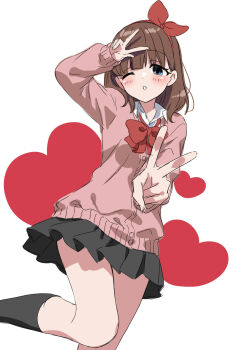 1girl ;o black_skirt black_socks blush bow bowtie brown_hair cardigan commentary_request double_v feet_out_of_frame foreshortening gyaru hairband heart heart_background highres idolmaster idolmaster_cinderella_girls kneehighs kogal looking_at_viewer medium_hair miniskirt one_eye_closed pink_cardigan pleated_skirt red_bow red_bowtie red_hairband sakuma_mayu skirt socks solo tottoto_tomekichi v