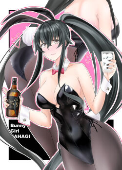 1girl alcohol animal_ear_hairband animal_ears ass black_hair black_leotard black_pantyhose bottle bow bowtie breasts character_name cleavage commentary_request covered_navel cowboy_shot cup detached_collar drinking_glass fake_animal_ears hairband ice ice_cube kantai_collection large_breasts leotard long_hair multiple_views pantyhose playboy_bunny ponytail rabbit_ears rabbit_tail red_bow red_bowtie side-tie_leotard sidelocks strapless strapless_leotard tail takase_asagiri whiskey wrist_cuffs yahagi_(kancolle) yellow_eyes
