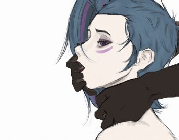 1boy 1girl asymmetrical_bangs bubufern dark-skinned_male dark_skin ekko_(league_of_legends) finger_in_another's_mouth from_side green_hair hetero highres interracial jinx_(league_of_legends) league_of_legends multicolored_hair nude pale_skin pink_eyes pink_hair portrait profile short_hair simple_background two-tone_hair white_background