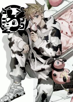 1boy alternate_costume animal_print blue_oak brown_eyes brown_hair character_doll cow_print doll eating food gen_2_pokemon hair_ornament hairclip highres holding hood hood_down hoodie licking long_sleeves looking_at_viewer male_focus miltank nintendo open_mouth pants pokemon pokemon_rgby sekaiitinoki shoes short_hair sneakers solo strap tag tongue white_shoes