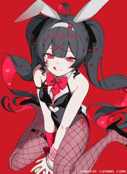 1girl alternate_color animal_ears artist_request bow bowtie card commentary_request cuffs deco27 facial_tattoo fishnets garter_belt hair_ornament hair_ribbon handcuffs hatsune_miku headband heart heart_hair_ornament high_heels highres looking_at_viewer playboy_bunny playing_card rabbit_ears rabbit_hole_(vocaloid) red_eyes ribbon sitting solo tattoo tongue tongue_out twintails