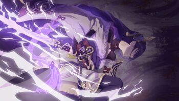 1girl blunt_bangs braid bridal_gauntlets closed_eyes commentary electricity english_commentary fan_hair_ornament flower flower_ornament from_side genshin_impact glowing glowing_sword glowing_weapon gradient_hair hair_ornament hair_ribbon highres holding holding_sword holding_weapon japanese_clothes katana kimono kneeling leaning_forward long_braid long_hair long_sleeves mitsudomoe_(shape) mole mole_under_eye multicolored_hair musou_isshin_(genshin_impact) naartworx neck_ribbon off_shoulder parted_lips purple_flower purple_hair purple_kimono purple_ribbon purple_thighhighs raiden_shogun red_ribbon red_sash ribbon sash shade shaded_face single_braid solo sword thighhighs tomoe_(symbol) weapon wide_sleeves