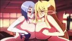1boy 2girls animated arachne arthropod_girl blonde_hair breasts censored centaur centorea_shianus cooperative_paizuri hairdressing huge_breasts imaani indoors insect_girl interior long_hair looking_at_viewer monster_girl monster_musume_no_iru_nichijou multiple_girls nipples paizuri ponytail rachnera_arachnera short_hair sound spider_girl tagme taur teamwork_(sexual) video