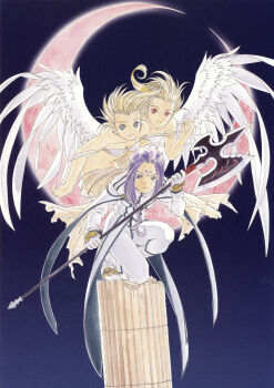 Rule 34 | 1990s (style), 3girls, aa megami-sama, absurdres, angel, asymmetrical hair, blonde hair, blue eyes, column, cool mint, crescent moon, facial mark, fist pump, forehead mark, fujishima kousuke, halberd, highres, kneeling, lind, long hair, moon, multiple girls, non-web source, official art, pillar, polearm, purple background, purple hair, red eyes, retro artstyle, scan, self-scan, siblings, spear mint, twins, weapon, wings