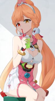 1girl absurdres aji_gohan alice_thymefield alice_thymefield_(sea_of_thyme) animal_ears blonde_hair blush braid braided_twintails breasts cleavage commentary_request dress_swimsuit drink hair_ornament heterochromia highres holding holding_drink long_hair looking_at_viewer low_twintails official_alternate_costume one-piece_swimsuit pink_one-piece_swimsuit rabbit_ears rabbit_girl red_eyes simple_background sitting sphere_hair_ornament swimsuit thigh_strap twintails two-tone_one-piece_swimsuit yellow_eyes zenless_zone_zero
