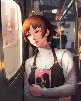 absurdres book braid brown_hair crown_braid highres ikhwan_maulana lips niijima_makoto persona persona_5 red_eyes reflection school_uniform shirt shuujin_academy_school_uniform subway train_interior upper_body white_shirt