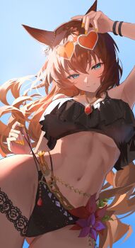 1girl absurdres adjusting_eyewear animal_ears arm_up armpits bikini bikini_bottom_pull black_bikini blue_eyes blue_sky blush breasts brown_hair cleavage closed_mouth commentary day ear_ornament eyewear_on_head fingernails from_below gluteal_fold hair_between_eyes heart heart-shaped_eyewear highres horse_ears horse_girl horse_tail large_breasts long_hair looking_at_viewer maruzensky_(hot_summer_night)_(umamusume) maruzensky_(umamusume) nail_polish official_alternate_costume official_alternate_hairstyle orange-tinted_eyewear orange_nails pulling_own_clothes sky smile solo swimsuit tail tinted_eyewear umamusume white-framed_eyewear yoru_(yorumi)
