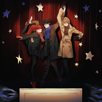 1girl 2boys absurdres akechi_gorou amamiya_ren black_hair black_pantyhose brown_hair closed_eyes coat dancing full_body glasses gloves highres holding_hands leg_up looking_at_another looking_at_viewer machihazure multiple_boys pantyhose persona persona_5 persona_5_the_royal ponytail red_hair scarf skirt stage standing standing_on_one_leg yoshizawa_kasumi