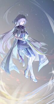 1girl absurdres chinese_commentary closed_mouth colored_eyelashes commentary_request dress earrings full_body grey_hair hair_over_one_eye halo hands_up high_heels highres huqu_(huqu45712) jacket jewelry long_hair mornye_(wuthering_waves) multiple_rings purple_dress red_eyes ring see-through_body solo triangle_earrings very_long_hair white_jacket wuthering_waves