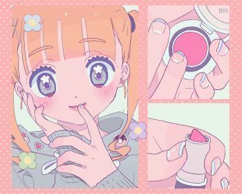 1girl animated animated_gif blinking blonde_hair commentary cosmetics double_bun flower_in_eye grey_eyes grey_hoodie grey_sweater hair_bun hood hooded_sweater hoodie lipstick_tube looping_animation makeup nail_polish original pin smile solo sweater symbol-only_commentary symbol_in_eye twintails vivinos