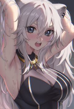 1girl animal_ears armpit_focus armpits arms_behind_head beyo blush breasts commentary earrings fang gold_necklace grey_eyes highres hololive jewelry large_breasts lion_ears lion_girl long_hair necklace presenting_armpit shishiro_botan shishiro_botan_(1st_costume) simple_background sweat virtual_youtuber white_hair