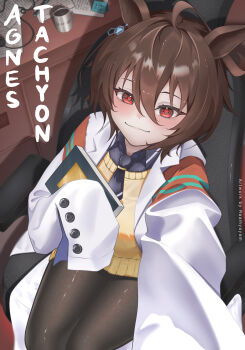 1girl absurdres agnes_tachyon_(umamusume) ahoge artist_name black_necktie black_shirt blush book brown_pantyhose chair chemical_structure closed_mouth coat collared_shirt computer_mouse cup ear_ornament earrings hair_between_eyes hands_up highres holding holding_book huge_ahoge jewelry lab_coat long_coat looking_at_viewer mug necktie on_chair open_clothes open_coat pantyhose paper pen raamy842 red_eyes selfie shirt single_earring sitting sleeves_past_fingers sleeves_past_wrists solo sweater swivel_chair table umamusume white_coat yellow_sweater