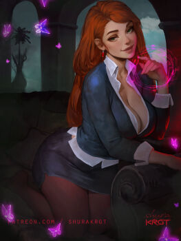 1girl alternate_breast_size_(larger) artist_name ben_10 ben_10:_alien_force black_skirt blue_shirt breasts bug butterfly cleavage closed_mouth collared_shirt commentary couch earrings english_commentary glowing_butterfly green_eyes gwen_tennyson indoors insect jewelry kneeling large_breasts lips long_hair long_sleeves looking_at_viewer magic miniskirt nose on_couch orange_hair pantyhose patreon_username pencil_skirt purple_butterfly shirt shurakrgt signature skirt smile solo watermark web_address white_shirt