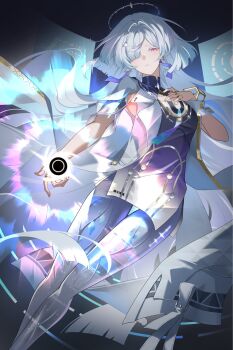 Rule 34 | 1girl, breasts, colored eyelashes, commentary, dress, earrings, feet out of frame, grey hair, hair intakes, hair ornament, hair over one eye, halo, hand on own chest, hashtag-only commentary, highres, holographic interface, i a n, jacket, jewelry, long hair, looking at viewer, medium breasts, mornye (wuthering waves), orb, parted lips, purple dress, red eyes, see-through body, solo, thigh gap, triangle earrings, white jacket, wuthering waves