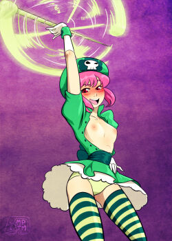 10s 1girl adapted_costume blush breasts clover drunk elbow_gloves female_focus gloves jakuzure_nonon kill_la_kill my_pet_tentacle_monster nipples open_clothes panties pantyshot pink_eyes pink_hair saint_patrick&#039;s_day shamrock short_hair skull_print small_breasts solo standing striped_clothes striped_thighhighs thighhighs twirl_baton underwear wristband