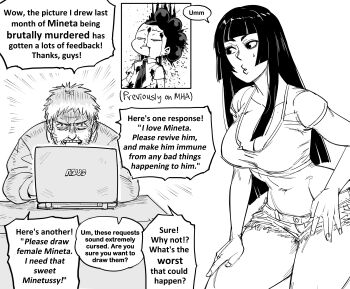 1girl 2boys artist_self-insert asus bb_(baalbuddy) blood blood_splatter boku_no_hero_academia breasts cleavage commentary computer crop_top cutoffs death denim denim_shorts english_commentary english_text facial_hair guro headshot highres hime_cut hime_cut_wife_(baalbuddy) laptop large_breasts long_hair low_neckline midriff mineta_minoru multiple_boys navel original short_shorts shorts speech_bubble straight_hair stubble