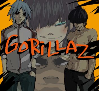 1girl 2d_(gorillaz) 3boys black_hair blue_hair dark_skin gorillaz multiple_boys murdoc_niccals noodle_(gorillaz) serious short_hair smile