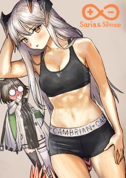 2girls arknights arm_at_side arm_up asymmetrical_legwear black_cloak black_horns black_panties black_sports_bra black_thighhighs blush boyshort_panties breasts brown_hair character_name cleavage cloak clothes_writing collarbone commentary_request covering_own_mouth cowboy_shot curry_soba dot_nose dutch_angle full-face_blush glasses gloves grey_background grey_hair hair_between_eyes hair_over_shoulder hand_up highres horns large_breasts long_bangs long_hair long_sleeves looking_at_viewer multicolored_cloak multiple_girls navel opaque_glasses panties parted_lips red_eyes red_lips round_eyewear saria_(arknights) short_hair silence_(arknights) simple_background sports_bra sports_panties standing stomach thigh_strap thighhighs underwear underwear_only underwear_writing v-shaped_eyebrows white_cloak white_gloves white_sleeves white_thighhighs wide_sleeves yuri