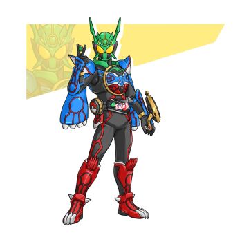 1boy armor blue_armor core_medal fusion gen_3_pokemon green_helmet groudon helmet highres kamen_rider kamen_rider_ooo kamen_rider_ooo_(series) kyogre legendary_pokemon male_focus nintendo ooo_driver pokemon power_armor rayquaza red_armor shoulder_armor simple_background solo to_ze white_background yellow_eyes zoom_layer