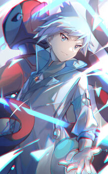 1boy absurdres alternate_costume blue_eyes blue_hair chromatic_aberration coat commentary deoxys deoxys_(normal) gen_3_pokemon grin highres light_blue_hair looking_at_viewer male_focus mythical_pokemon nintendo official_alternate_costume outstretched_arm parted_lips pokemon pokemon_(creature) pokemon_masters_ex short_hair smile sparkle steven_stone steven_stone_(sygna_suit) teeth upper_body viinca_(perivinca) white_coat