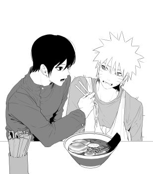 Rule 34 | absurdres, arm sling, biting own lip, black hair, cast, cf nrt, chopsticks, facial mark, food, furrowed brow, grey shirt, greyscale, hair between eyes, highres, holding, holding chopsticks, injury, kamaboko, looking at another, monochrome, naruto (series), naruto shippuuden, narutomaki, noodles, nori (seaweed), open mouth, ramen, sai (naruto), shirt, short hair, softboiled egg, spiked hair, upper body, uzumaki naruto, whisker markings