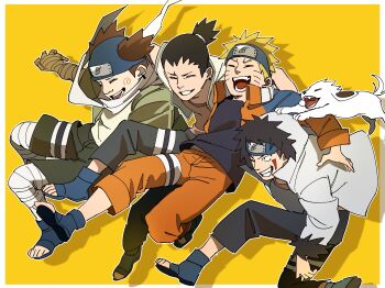 Rule 34 | 4boys, akamaru (naruto), akimichi chouji, black hair, black pants, blonde hair, blue footwear, blue jacket, boots, brown hair, closed eyes, dog, facial mark, forehead protector, fur-trimmed hoodie, fur trim, grin, highres, hood, hoodie, inuzuka kiba, jacket, konohagakure symbol, marking on cheek, multicolored jacket, multiple boys, nara shikamaru, naruto (classic), naruto (series), one eye closed, open clothes, open jacket, open mouth, orange jacket, orange pants, pants, pnpk 1013, short hair, simple background, smile, spiked hair, teeth, toeless footwear, topknot, two-tone jacket, uzumaki naruto, whisker markings, white dog, white hoodie, yellow background