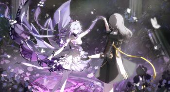 2girls absurdly_long_hair absurdres animal_print bare_shoulders black_coat black_gloves bow bowtie bra_strap breasts brooch bug butterfly butterfly_print castorice_(honkai:_star_rail) cleavage closed_mouth coat collar dancing detached_collar dress dress_bow elbow_gloves feet_out_of_frame field floating_clothes floating_hair flower flower_brooch flower_field frilled_collar frilled_dress frills gloves gradient_bow gradient_bowtie gradient_hair grey_hair happy high_collar highres holding_hands honkai:_star_rail honkai_(series) insect jewelry light_particles light_rays long_hair looking_at_another magic meng_qiao multicolored_hair multiple_girls pale_skin pantyhose pillar purple_bow purple_bowtie purple_butterfly purple_collar purple_flower purple_gloves purple_hair ribbon ruins short_dress single_elbow_glove single_wrist_cuff smile stelle_(honkai:_star_rail) strapless strapless_dress trailblazer_(honkai:_star_rail) train_(clothing) very_long_hair white_bow white_dress white_pantyhose white_ribbon white_wrist_cuffs wrist_cuffs wrist_ribbon