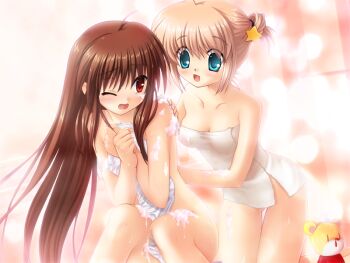 2girls ahoge bath bathing bathing_another bathing_together bathroom blonde_hair blush brown_hair covering_privates foam game_cg green_eyes hair_ornament hinoue_itaru impossible_towel kamikita_komari little_busters! long_hair multiple_girls na-ga naked_towel natsume_rin nude_cover one_eye_closed red_eyes same-sex_bathing shared_bathing soap soap_bottle sponge star_(symbol) star_hair_ornament towel washing washing_another wink